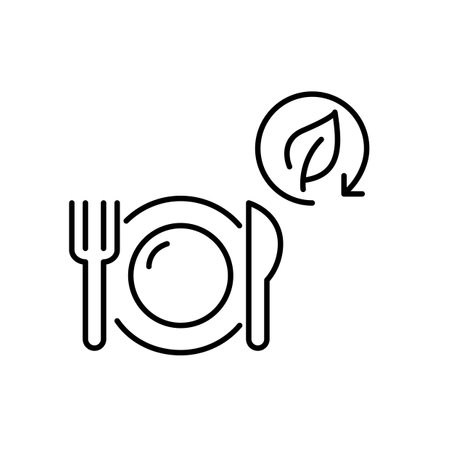 Plate, knife, fork and leaf in recycling symbol. Green, natural eco-friendly and vegan food. Pixel perfect, editable stroke vector iconのイラスト素材