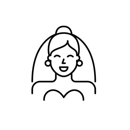 Happy young bride wearing wedding dress and veil. Reception day, romantic ceremony. Pixel perfect, editable stroke vector iconのイラスト素材