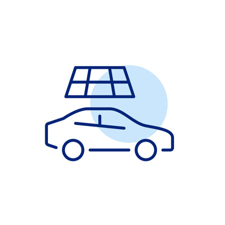 Car with solar panel. Alternative energy powered vehicles. Green, no exhaust and sustainable eco-friendly living. Pixel perfect, editable stroke vector iconのイラスト素材