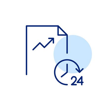 File with growing chart and 24 hours clock. Real time progress tracking, task management and feedback on statistics. Pixel perfect, editable stroke vector iconのイラスト素材