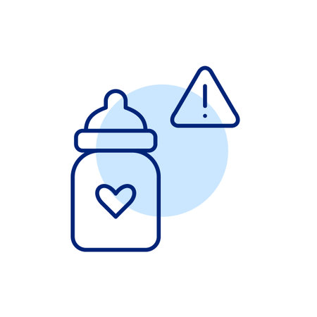 Infant feeding bottle with heart and danger alert. Potential risks in formula preparation or bottle material. Pixel perfect, editable stroke vector iconのイラスト素材