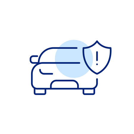 Car and security shield with exclamation mark. Maintenance reminder, road safety warning. Pixel perfect, editable stroke vector iconのイラスト素材