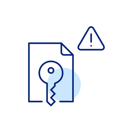File, key, exclamation mark in triangle. Critical data protection notice, sensitive information. Document access warning. Pixel perfect, editable stroke vector iconのイラスト素材
