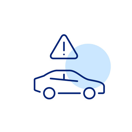 Side car view and triangle with exclamation mark. Road accident, traffic disruption. System error alert, urgent need for repair. Pixel perfect, editable stroke vector iconのイラスト素材