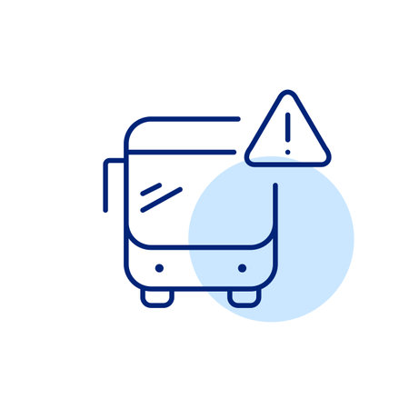 Public bus and hazard alert symbol. Exclamation mark in triangle. Transit system safety warning, accident emergency notification. Passenger risks and security. Pixel perfect, editable stroke vector iconのイラスト素材