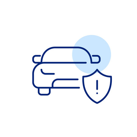 Car and shield with exclamation mark. Safety restrictions, roadside assistance insurance. Pixel perfect, editable stroke vector iconのイラスト素材