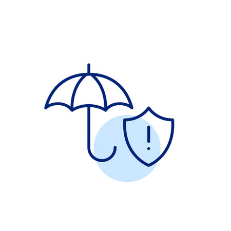 Open umbrella and security shield with exclamation mark. Extensive insurance coverage. Safety warning, potential risks alert. Pixel perfect, editable stroke vector iconのイラスト素材