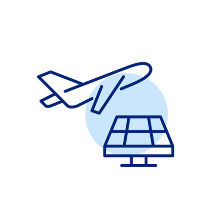 Airplane and solar panel. Alternative energy sources for vehicles. Pixel perfect, editable stroke vector iconのイラスト素材
