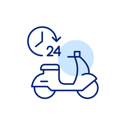 24 hours food and package delivery. Scooter and clock. Pixel perfect, editable stroke vector iconのイラスト素材