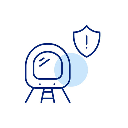Subway train, shield and exclamation mark. Road and transport safety, danger notifications. Transit system security warning. Pixel perfect, editable stroke vector iconのイラスト素材