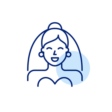 Happy young bride wearing wedding dress and veil. Reception day, romantic ceremony. Pixel perfect, editable stroke vector iconのイラスト素材