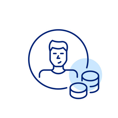 Young man avatar and stacks of coins. Individual finances management, account balance and user earnings. Pixel perfect, editable stroke vector iconのイラスト素材
