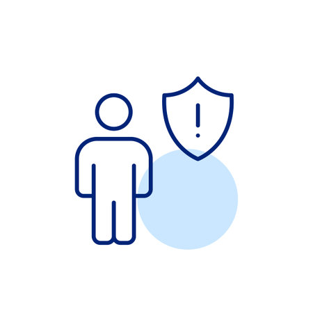 Stick figure, shield and exclamation mark. Personal safety warning, potential individual risks for online presence and health issues. Pixel perfect, editable stroke iconのイラスト素材