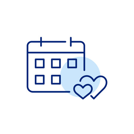 Calendar with two hearts intertwined. Romantic date night, relationship couple anniversary, engagement or wedding day. Pixel perfect, editable stroke iconのイラスト素材