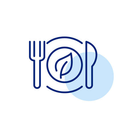 Leaf on a plate, fork and knife. Vegan restaurant, natural and eco-friendly food. Pixel perfect, editable stroke iconのイラスト素材
