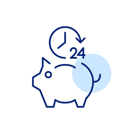 24 hours symbol and piggy bank. Constant investment and finance growth. Pixel perfect, editable stroke iconのイラスト素材