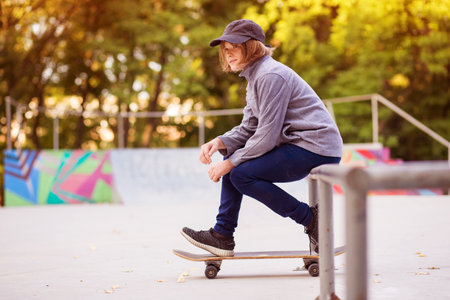 Skater girl on skatepark moving on skateboard outdoors. Copy spaceの写真素材