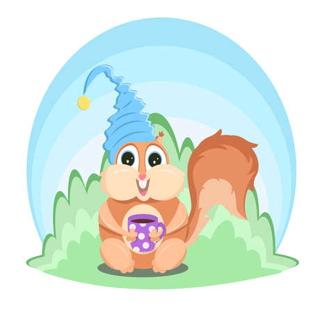 Cartoon chipmunk with lush tail in nightcap holds cup of coffee. Squirrel vector illustration isolated on white background.のイラスト素材