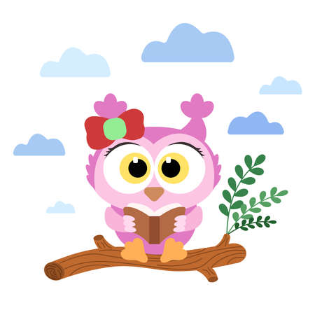 Cartoon cute pink baby owl with red bow sits on log and read book with blue clouds on background. Vector illustrationのイラスト素材