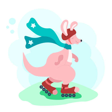 Funny cartoon kangaroo with scarf and in protective helmet is rollerblading isolated on white background. Vector illustrationのイラスト素材