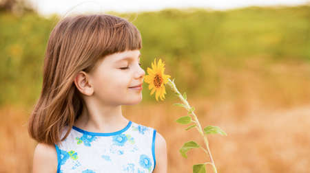 Adorable little girl with fluttering hair and smell sunflower flower, walking outdoor in summer holidayの写真素材