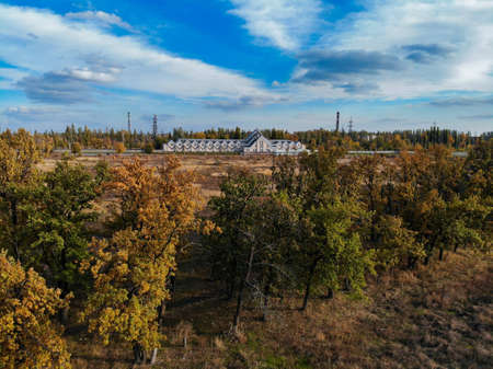 Aerial view of landscape at autumn time, drone image. City landscape. View of city meadow from above. Beautiful nature panorama in autumn with orange and yellow foliage.の写真素材