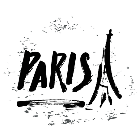 Hand written with brush pen and inc inskription Paris with Eiffel Tower silhouette, calligraphy, texture background, lettering. Vector.のイラスト素材