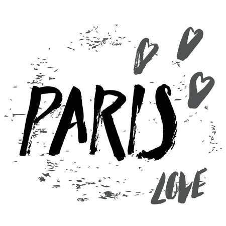 Hand written with brush pen and inc inskription Paris with hearts, calligraphy, texture background, lettering. Vector.のイラスト素材