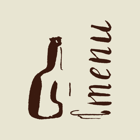 Hand written with brush pen and inc inskription menu with bottle and plate, lettering. Vector. Could be used for restaurant, cafe.のイラスト素材