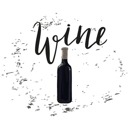 Bottle of red wine with hand drawn letteringのイラスト素材