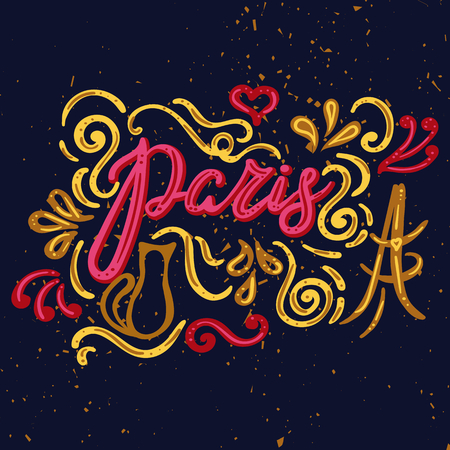 Hand written color lettering Paris, inskription Paris with cat and Eiffel Tower on white background.のイラスト素材