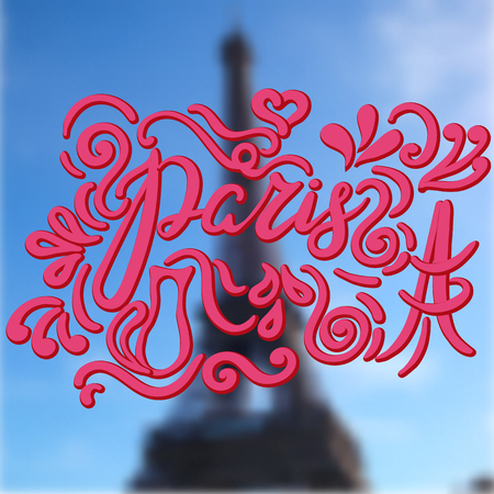 Hand written pink lettering Paris, inskription Paris with cat and Eiffel Tower on blurred background. Hand drawn calligraphy Paris with decoration elements. Lettering for cards, T-shirts, posters. Vector.のイラスト素材