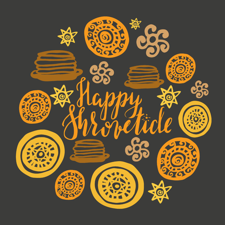 Hand writen lettering Happy Shrovetide that is celebration of Maslenitsa, Slavic traditional holiday.のイラスト素材