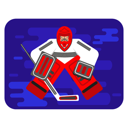 Hockey goalkeeper in flat stile protecting the gate. Color vector illustration.のイラスト素材