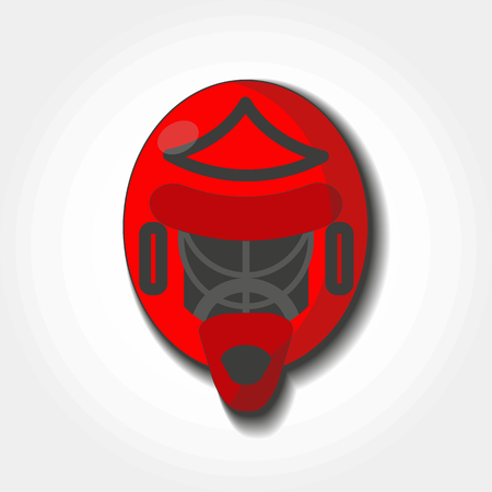 Red goalie helmet in flat stile. Hockey protective equipment goalkeeper helmet. Isolated vector icon.のイラスト素材