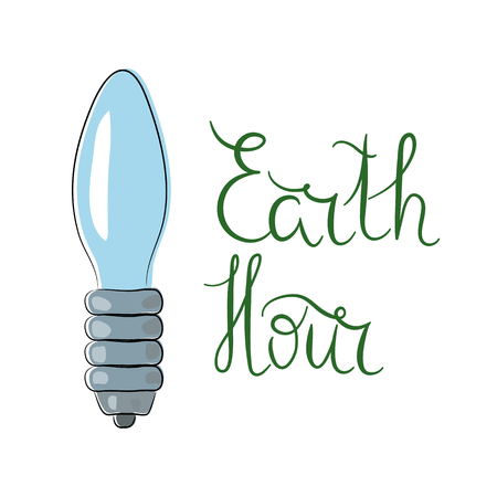 Hand written lettering Earth Hour with bulb, color. Vector. Ecology concept.のイラスト素材
