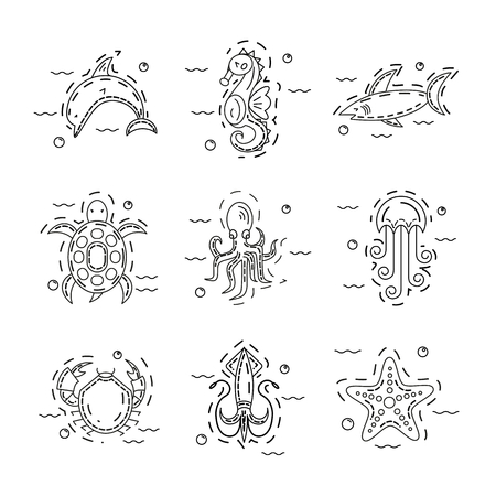 Dolphin, Seahorse, shark, turtle, octopus, jellyfish, crab, squid and starfish set of illustrationのイラスト素材