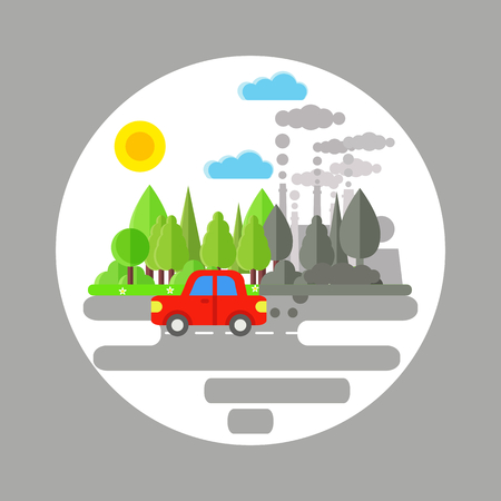 Ecology problem concept. Car and factories pollute the enviroment. Car and plant emitting smoke. Flat vector illustrarion of air pollution. Pollution clouds.のイラスト素材