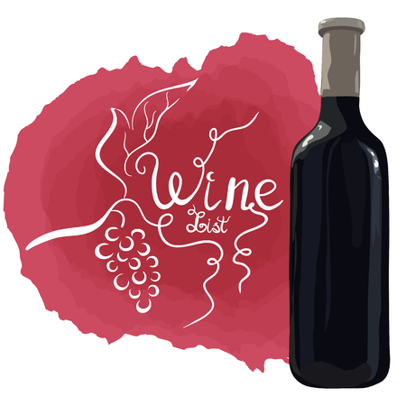 Bottle of red wine with hand drawn grapes and white lettering wine list on red wine stains. Vector. Watercolor imitation. Hand drawn. Wine list.のイラスト素材