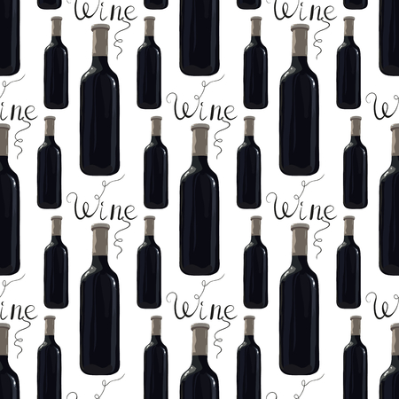Seamless pattern with bottle of red wine and inscription wine. Vector. Watercolor imitation. Hand drawn. Wine lettering.のイラスト素材