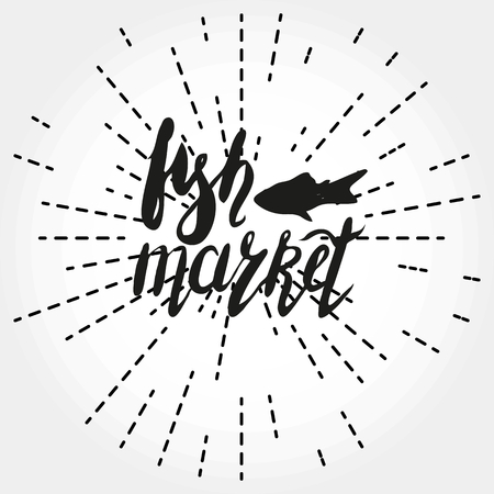 Lettering fish market on gray gradient background with radial dotted rays.のイラスト素材