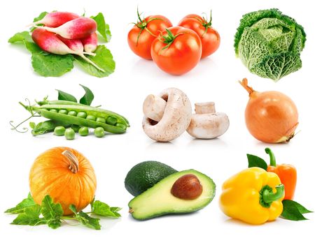 set fresh vegetables with green leaves isolated on white backgroundの写真素材