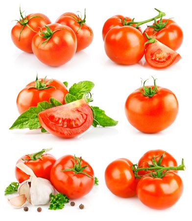 set fresh tomato fruits with green leaves isolated on white backgroundの写真素材
