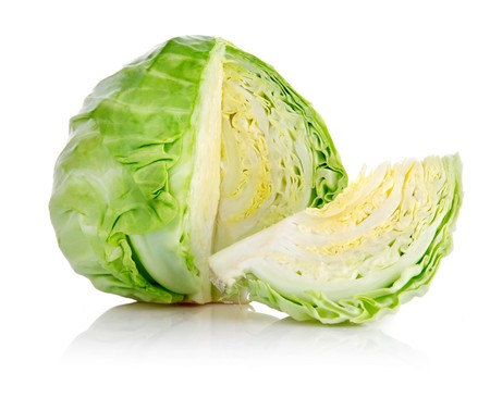 fresh green cabbage with cut isolated on white backgroundの写真素材