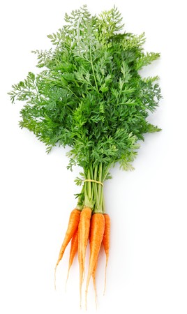 fresh carrot fruits with green leaves isolated on white backgroundの写真素材