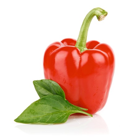 fresh single pepper fruit with green leaves isolated on white backgroundの写真素材