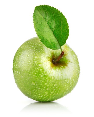 green apple fruits with leaf isolated on white backgroundの写真素材