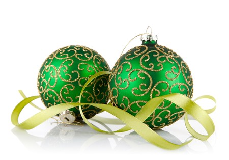 two green ball with ribbon isolated on white backgroundの写真素材