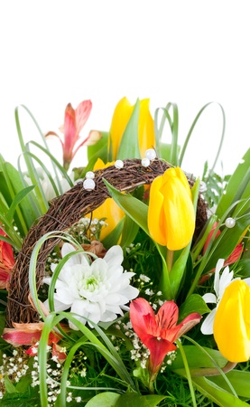 bouquet of yellow tulip flowers isolated on white backgroundの写真素材