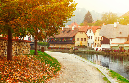 Cesky Krumlov river Vltava autumn Czech Republicの写真素材